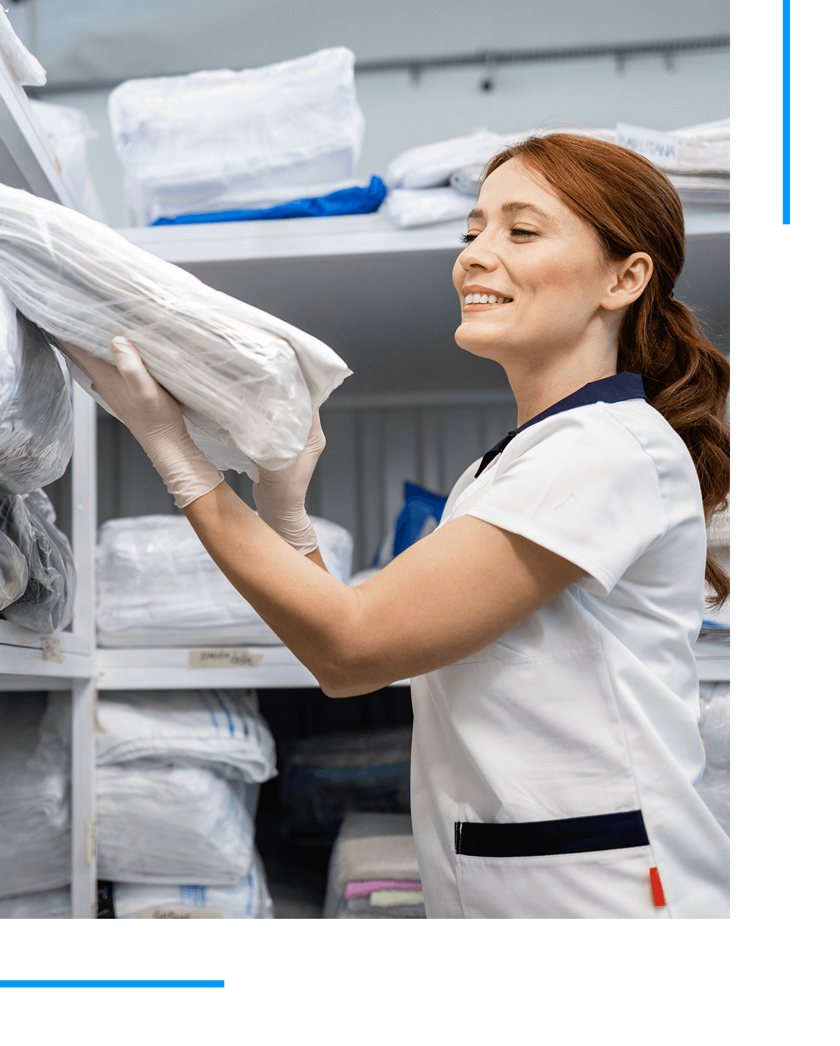 Woman organizing linens on storage shelves.