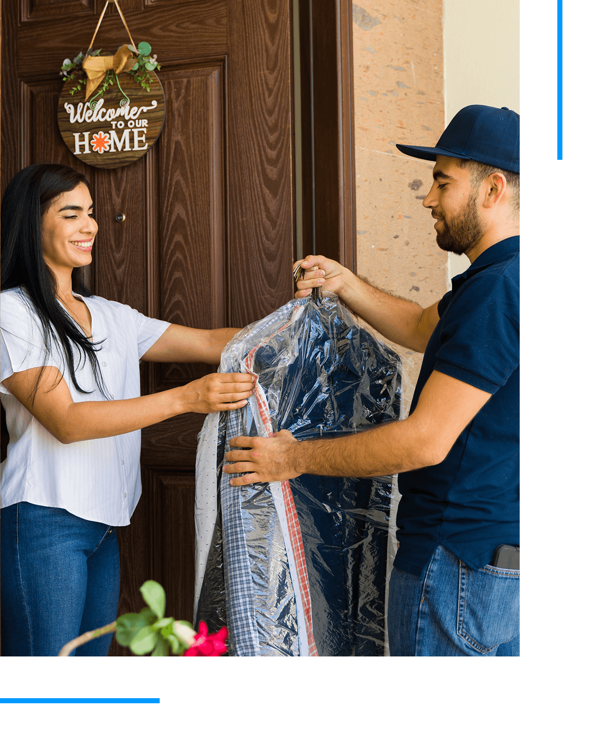 Man delivering dry cleaning to woman.